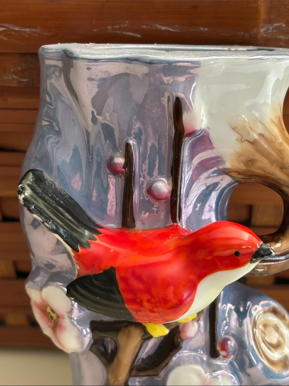 Vintage Japanese Lusterware Bird Wall Pocket Vase Red Bird Cherry Blossom/Branch